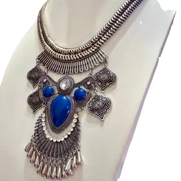 Statement Boho Ethnic Tribal Silver Tone Necklace - Picture 10 of 10